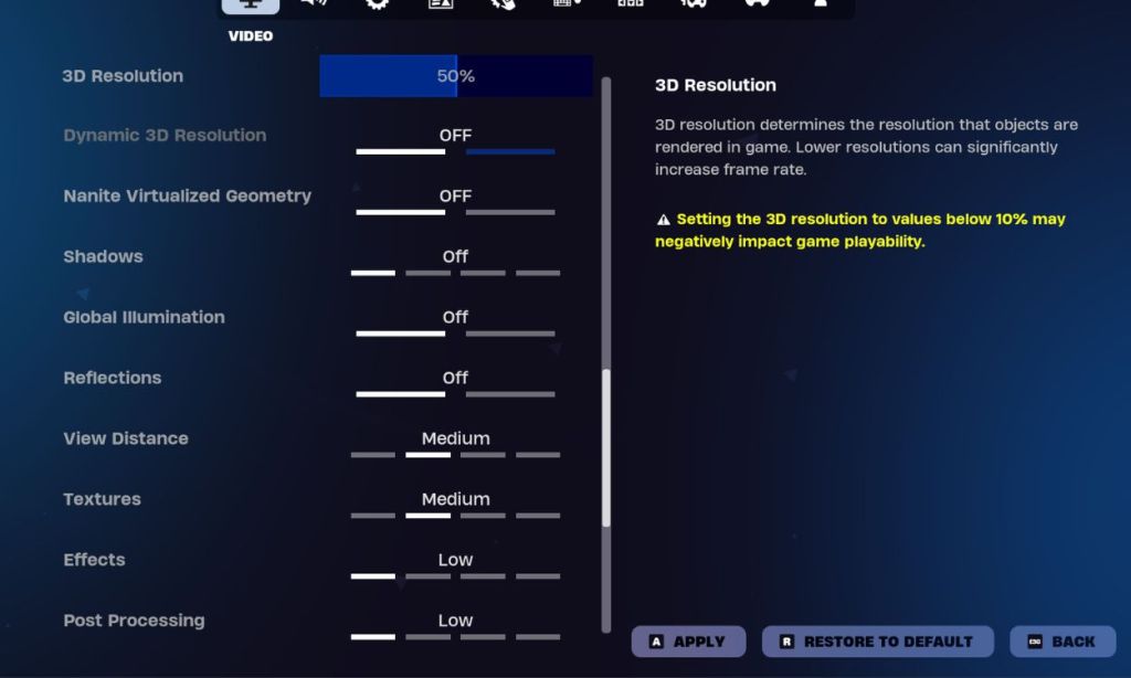 Graphic settings for Fortnite on PC