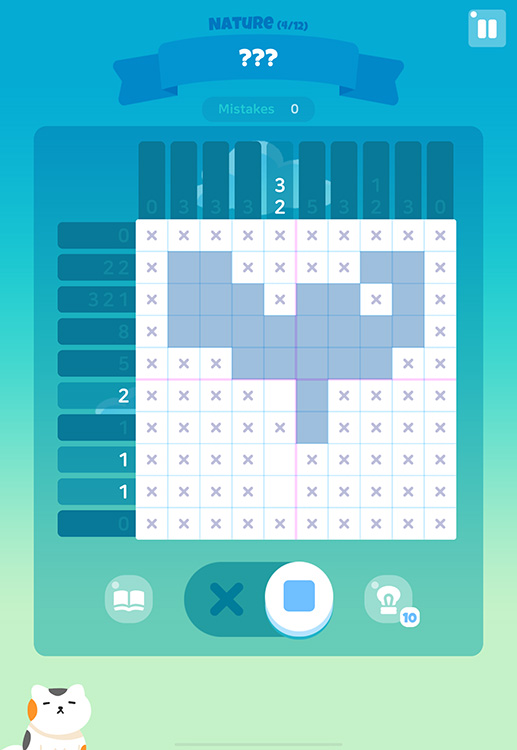 Nonogram puzzle game, Meow Tower, showing an almost solved grid