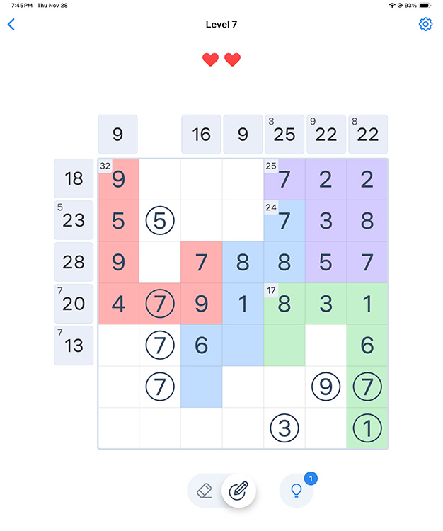 Screenshot of the grid in the iPad puzzle game "Number Sums"