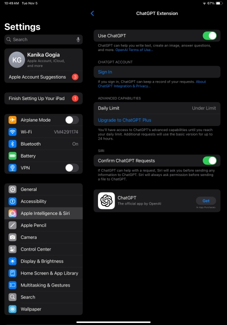 Option to Upgrade to ChatGPT Plus in iPadOS 18.2 Settings app