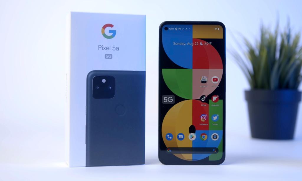 Pixel 5a alongside its box on a table