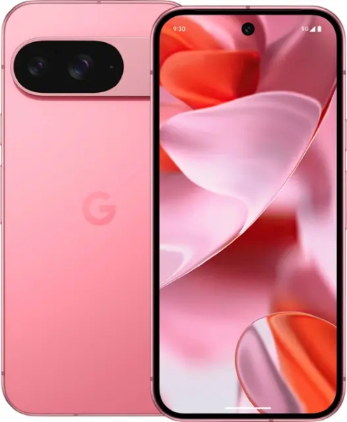 Pixel 9 front and back in Peony color