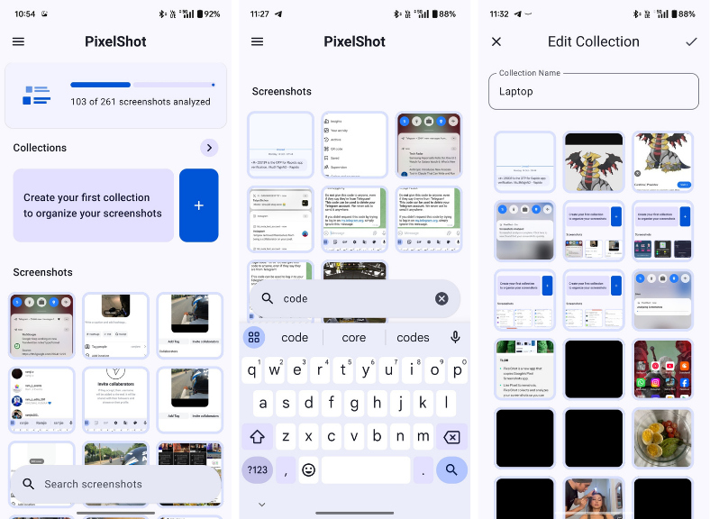 PixelShot app interface and collections feature