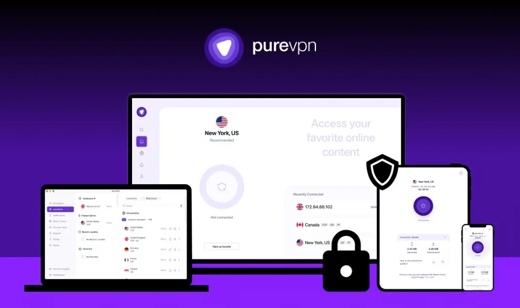 PureVPN on multiple devices and purple background