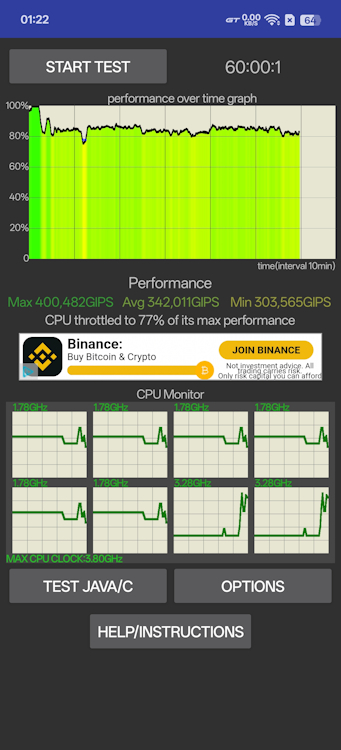 screenshot from Realme GT 7 Pro with CPU Throttling 60 minute run