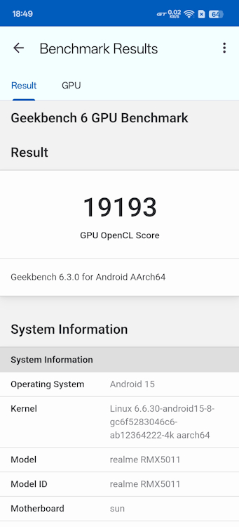 screenshot from Realme GT 7 Pro running GPU OpenCL test