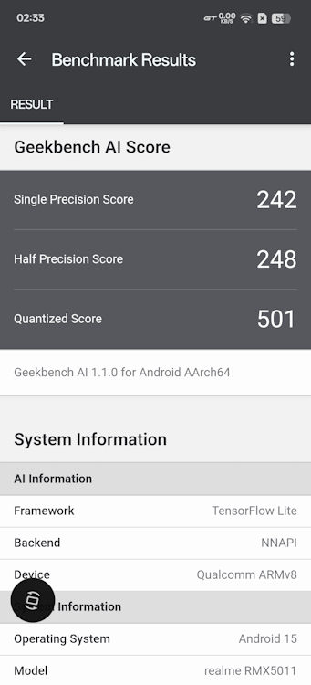 screenshot from Realme GT 7 Pro running  Geekbench AI test