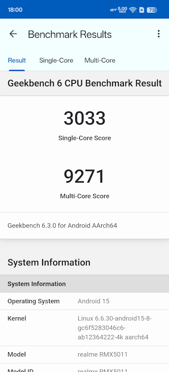 screenshot from Realme GT 7 Pro running Geekbench CPU test