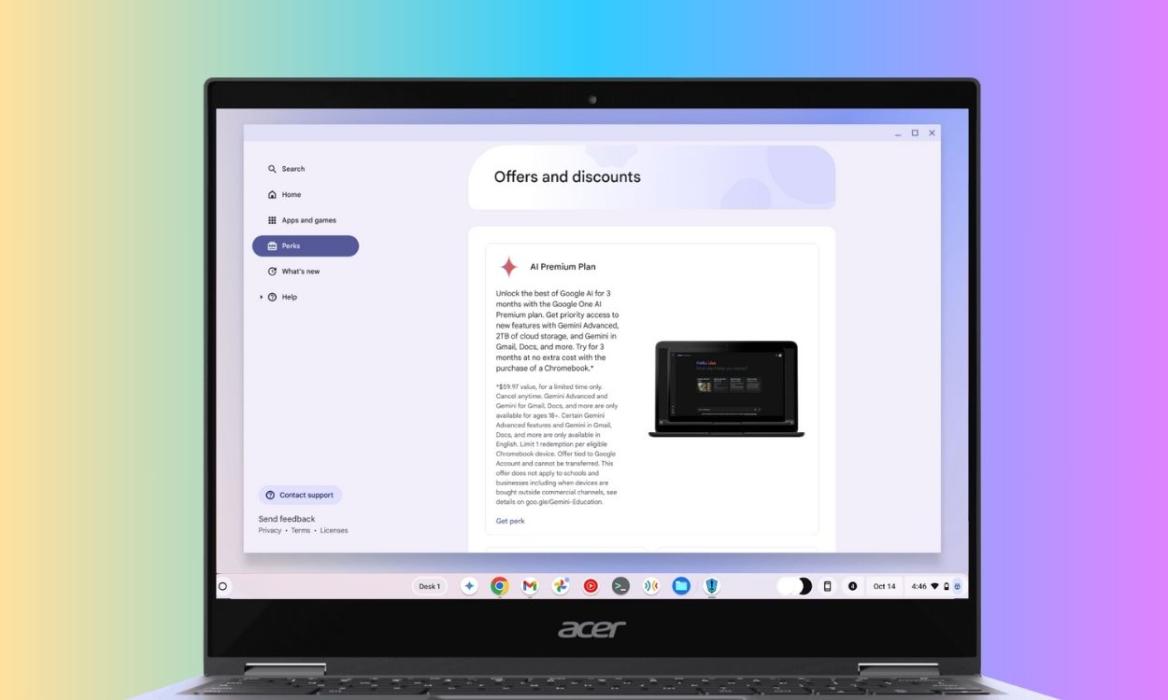 Chromebook with perks page and gemini advanced perk description