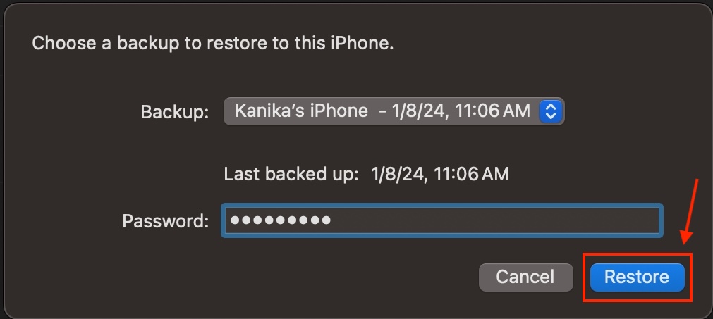 Restore backup from Finder Mac