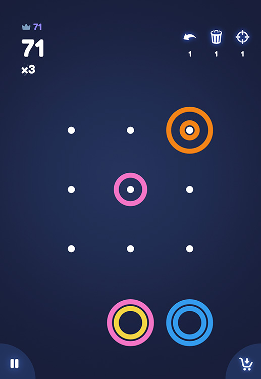 Screenshot of the game "Rings" showing a few rings placed on the grid