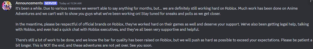 Roblox Anime Adventures return announcement from Discord