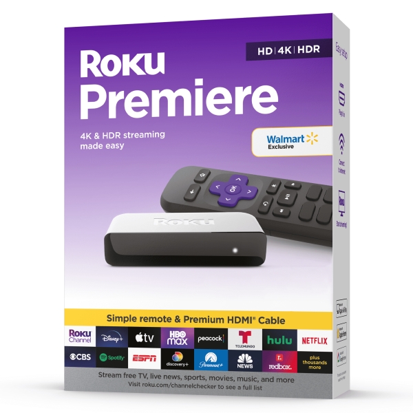 A retail box of Roku Premiere 4K placed in front of a white background