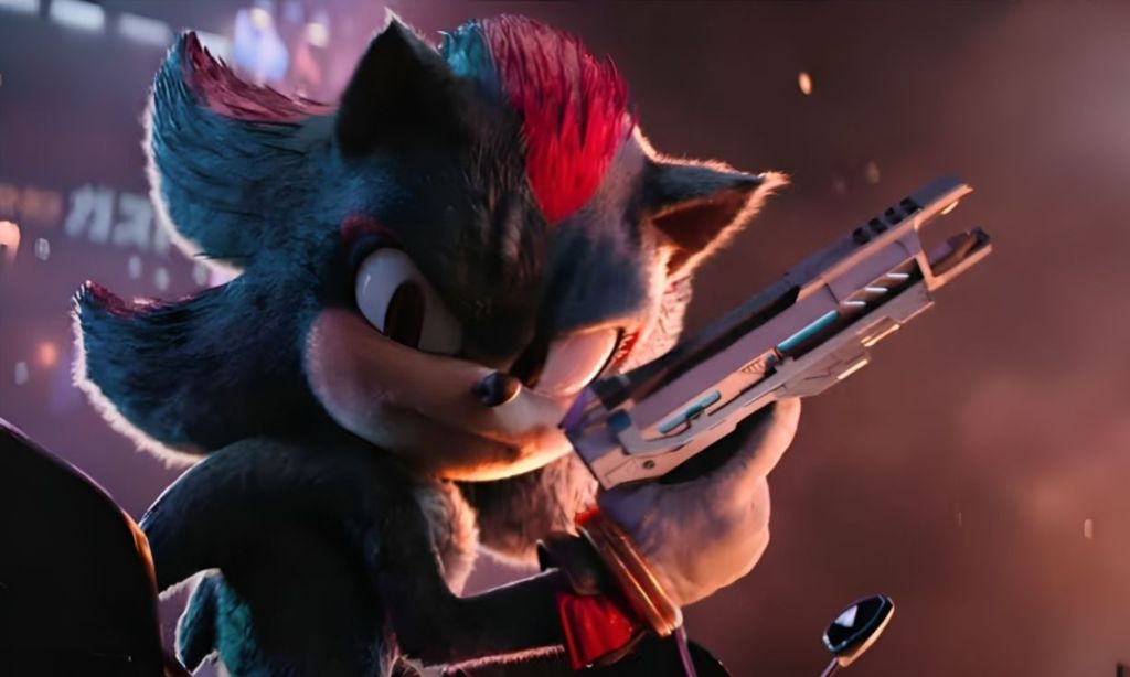 Shadow The Hedgehog on a bike holding his gun in the trailer of Sonic The Hedgehog 3