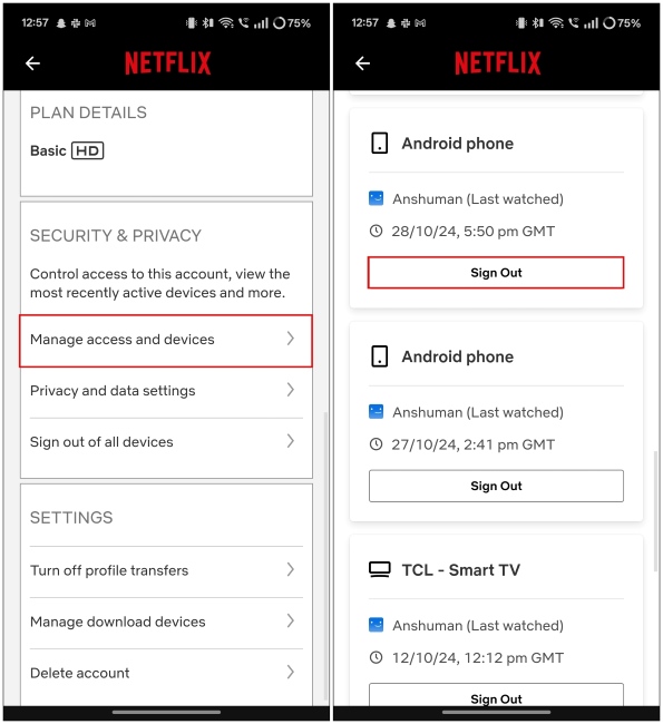 screenshots of Netflix app showing linked devices and Sign Out option