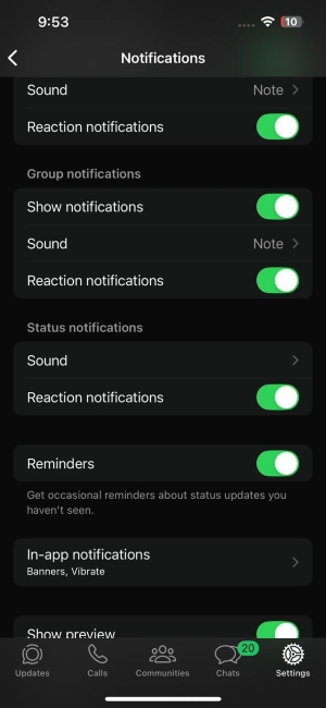 Status Update reminders toggle