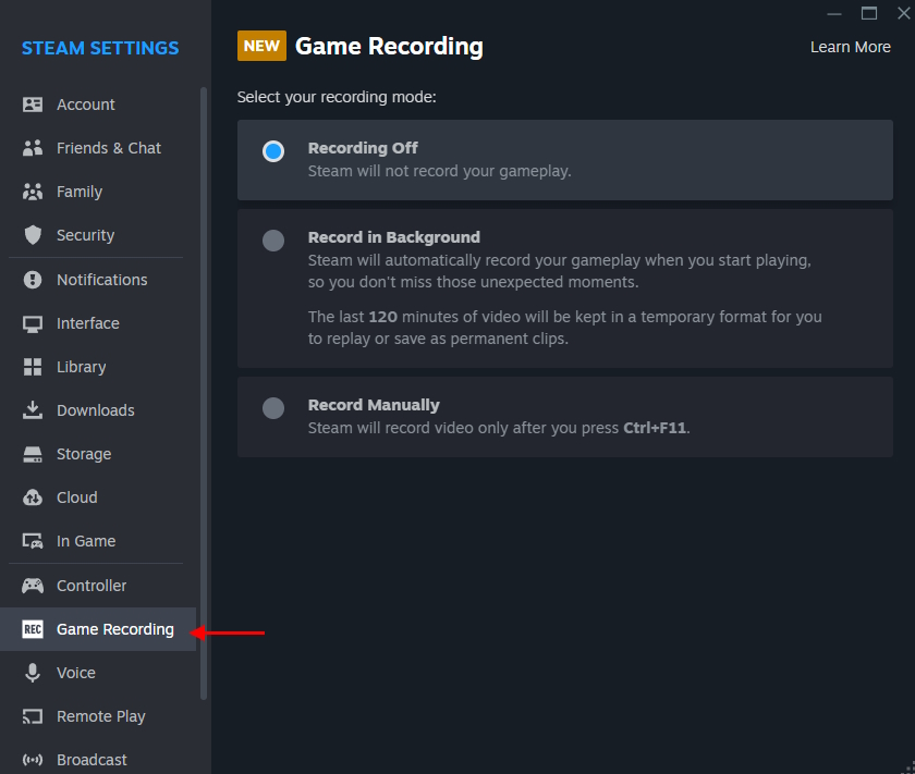 Steam game recording enable options