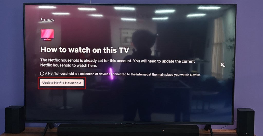 TV showing a screen with Update Netflix Household option