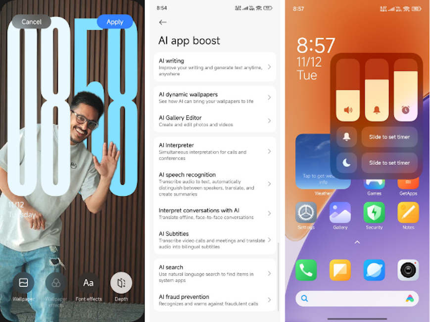 Screens showing Dynamic wallpaper, AI features, and new Volume control UI on the Xiaomi 15