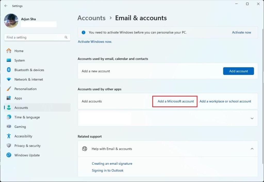 add microsoft account to windows 11