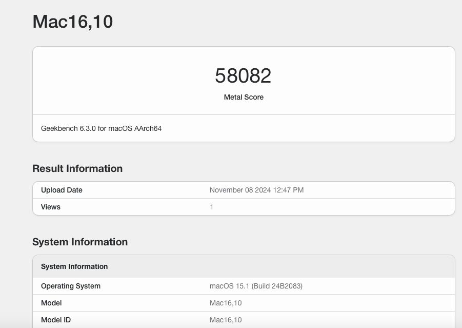 apple m4 performance on geekbench metal api