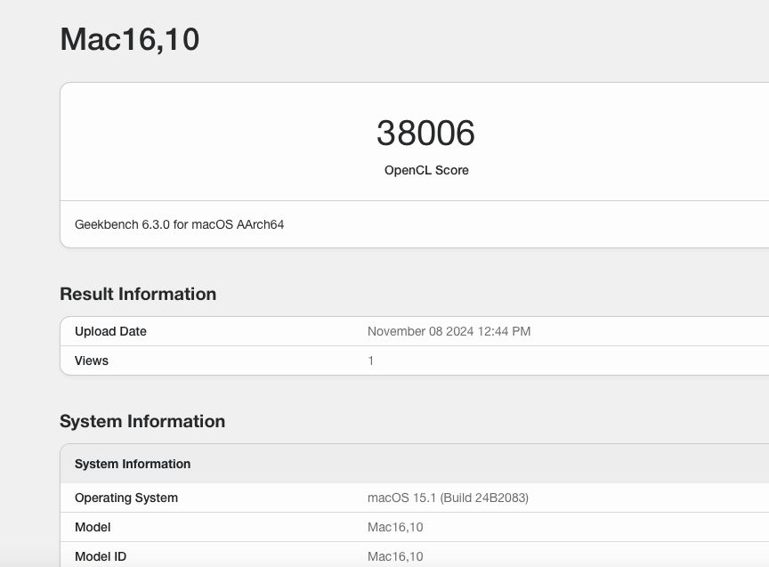 apple m4 performance on geekbench opencl api