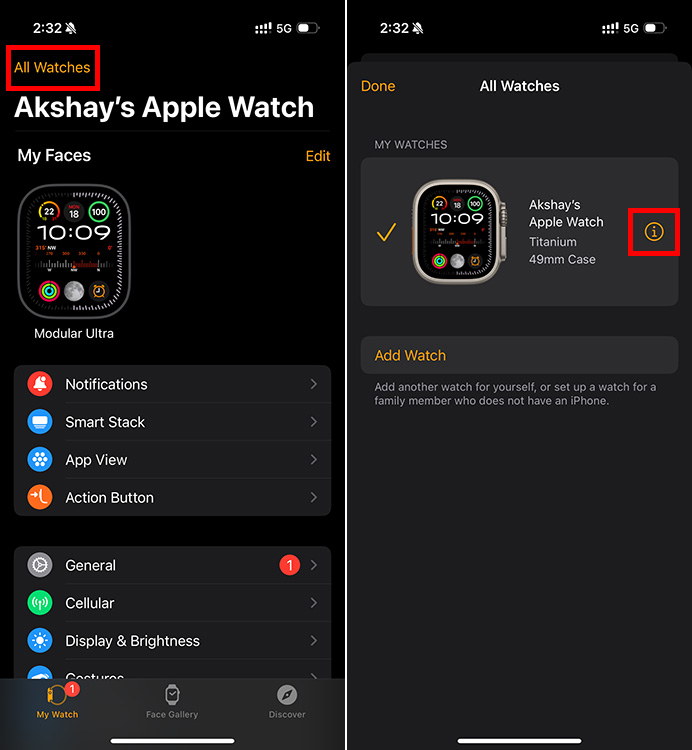 apple watch app on iPhone with all watches screen, and the i icon highlighted