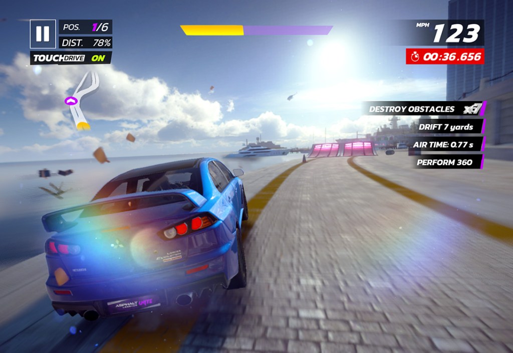 Screenshot of Asphalt 9 legends racing game with controller support on iPad