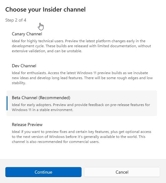 choose dev, beta, canary or release preview channel in windows 11