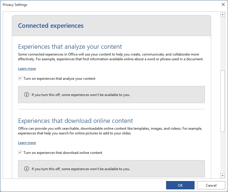 connected experiences setting in microsoft word