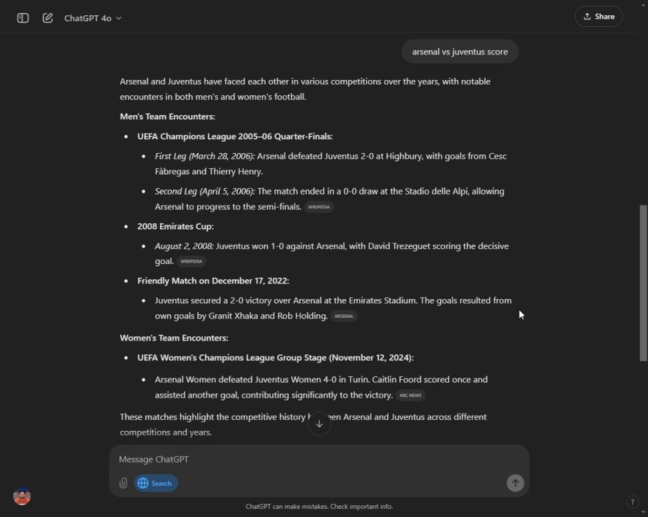 finding sport scores in chatgpt search