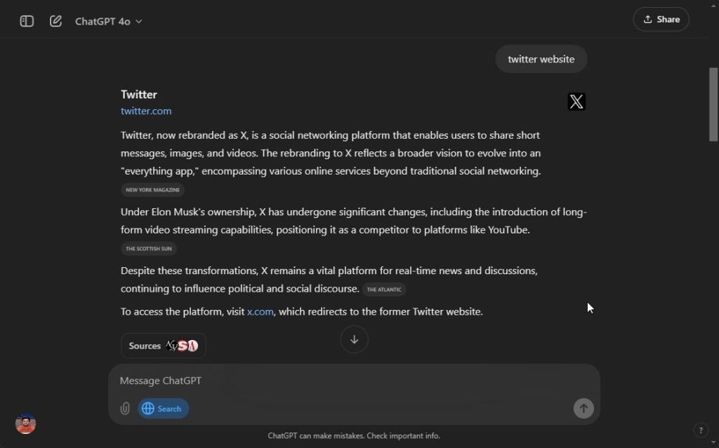 finding twitter website link in chatgpt search