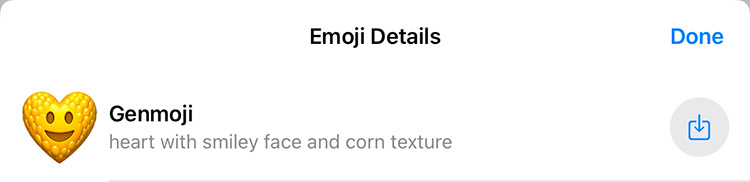 Heart with smiley face and corn texture emoji generated with Apple Intelligence