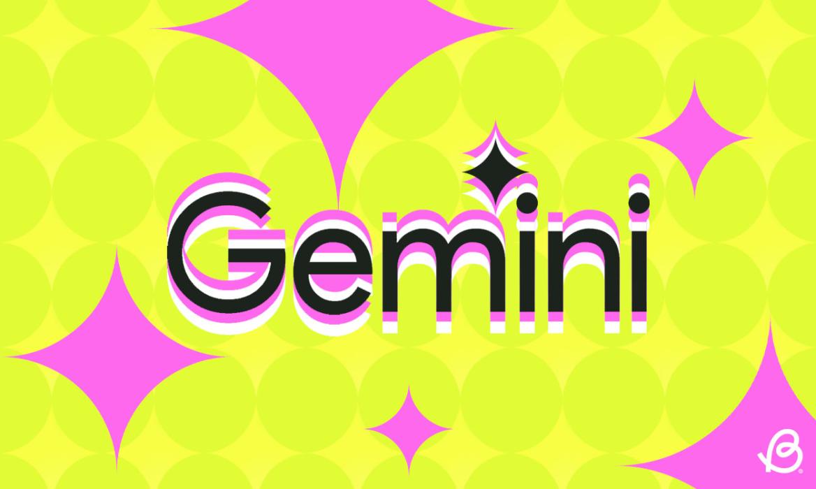 an illustration of google gemini in neon background with pink elements scattered across