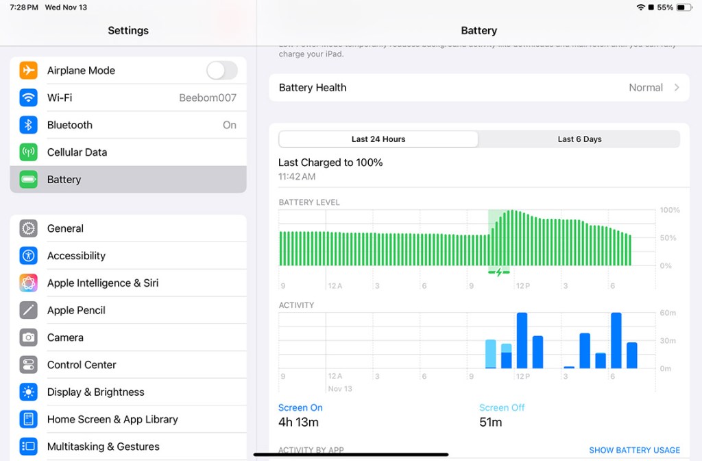 Battery settings page in iPad mini 7 showing battery usage and screen on time