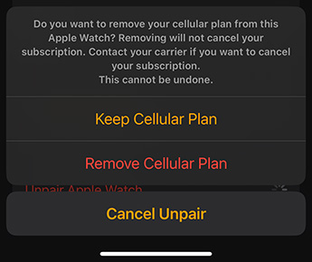 Option to keep or remove cellular plan from Apple Watch