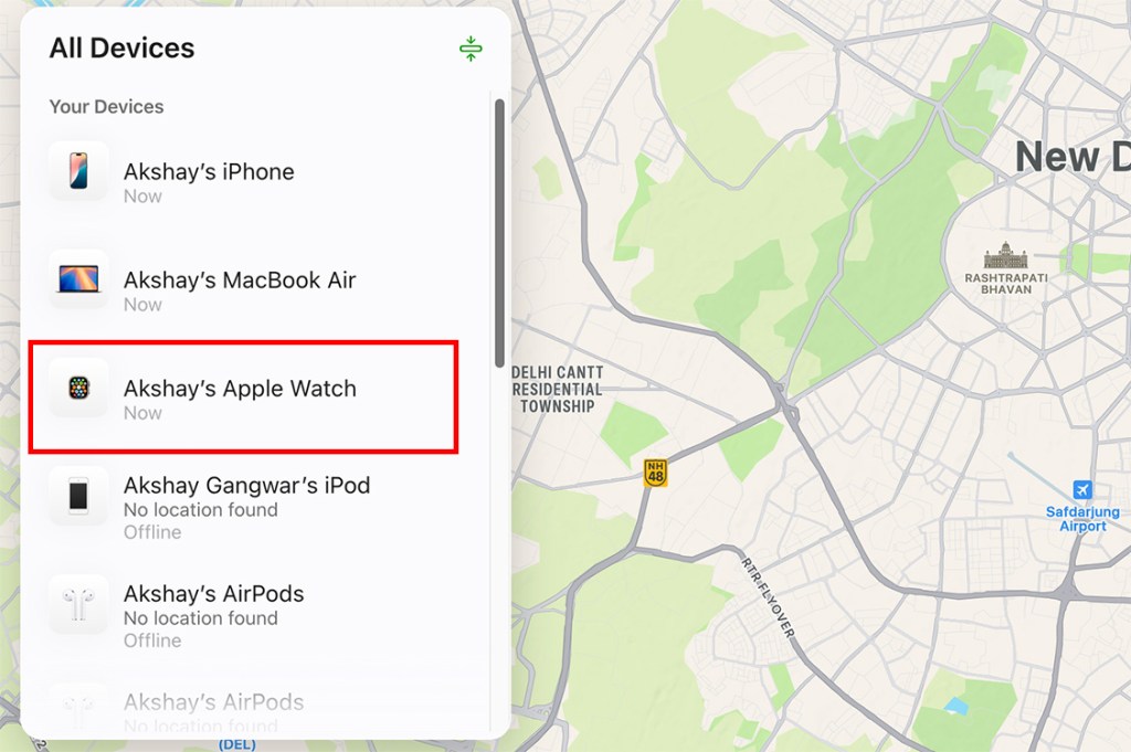 select Apple Watch from list of devices in iCloud web