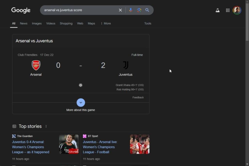 sports score in google search