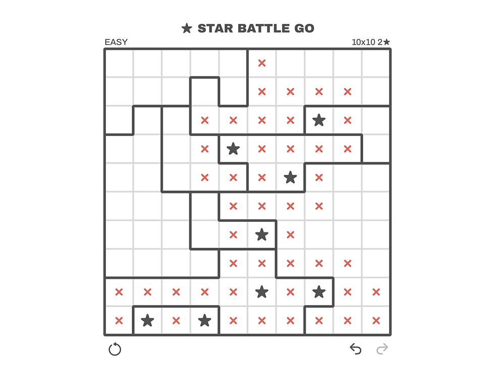 Easy grid in Star Battle Go puzzle game for iPad showing locations of stars and crosses on the grid