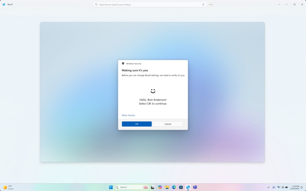 windows recall requires hello authentication