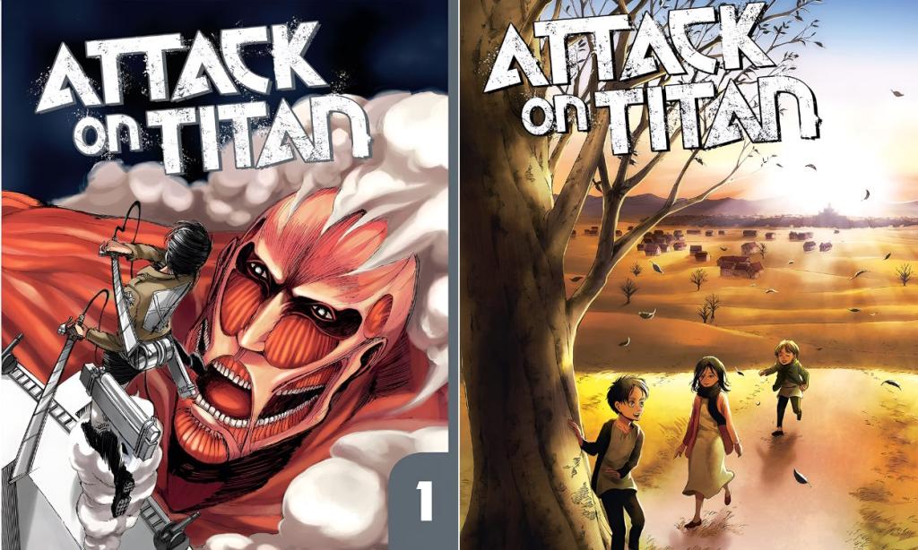 Eren Yeager against Colossal Titan in the first cover and Kid Eren, Mikasa, Armin in the final cover of AOT