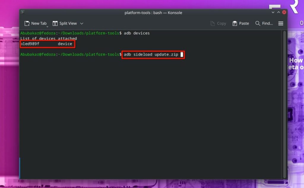 terminal with adb sideload and adb devices command