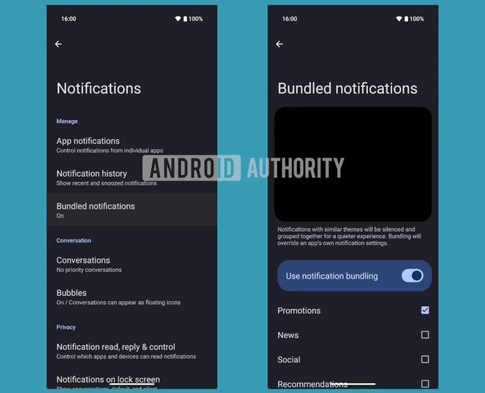 screenshots of Android 16's Notification settings featuring the Bundled notifications toggle with multiple categories