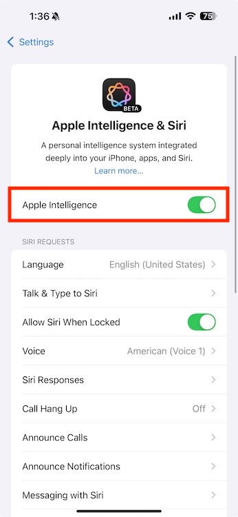 Apple Intelligence Option on iPhone