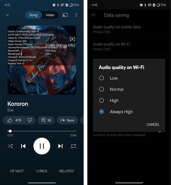 YouTube Music with Stats for Nerds and Music Quality over Wi-Fi settings