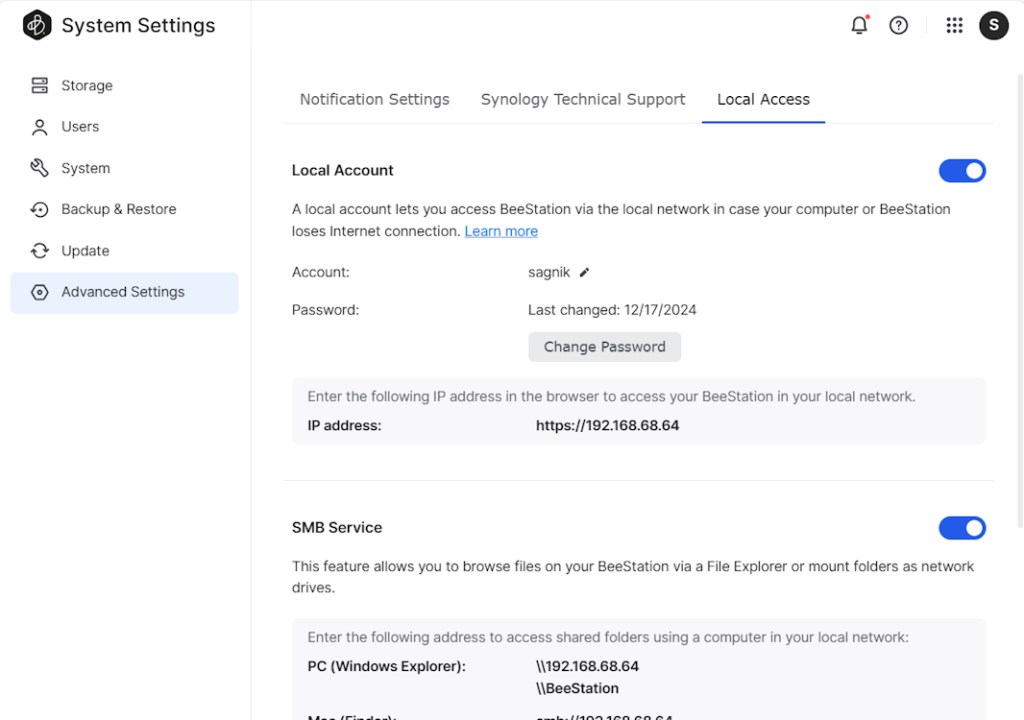 BeeStation Advanced Settings Panel