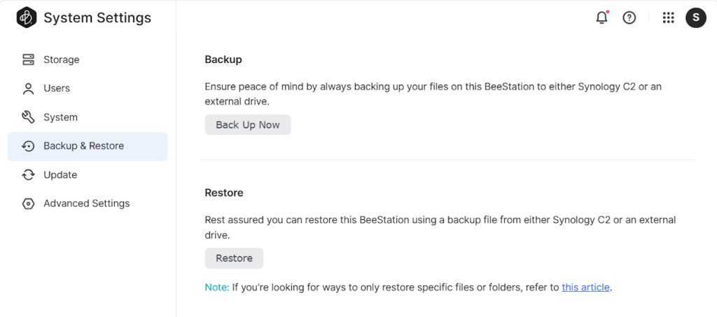 BeeStation Backup and Restore panel