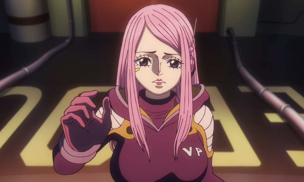 Jewelry Bonney reaching her hand to touch Kuma's memories in One Piece anime.