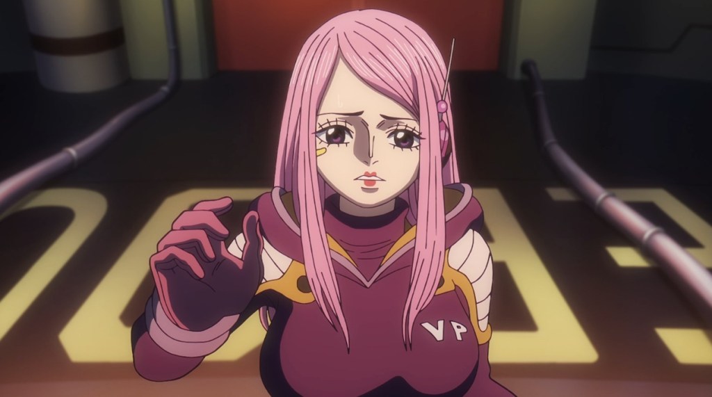 Jewelry Bonney reaching her hand to touch Kuma's memories in One Piece anime.