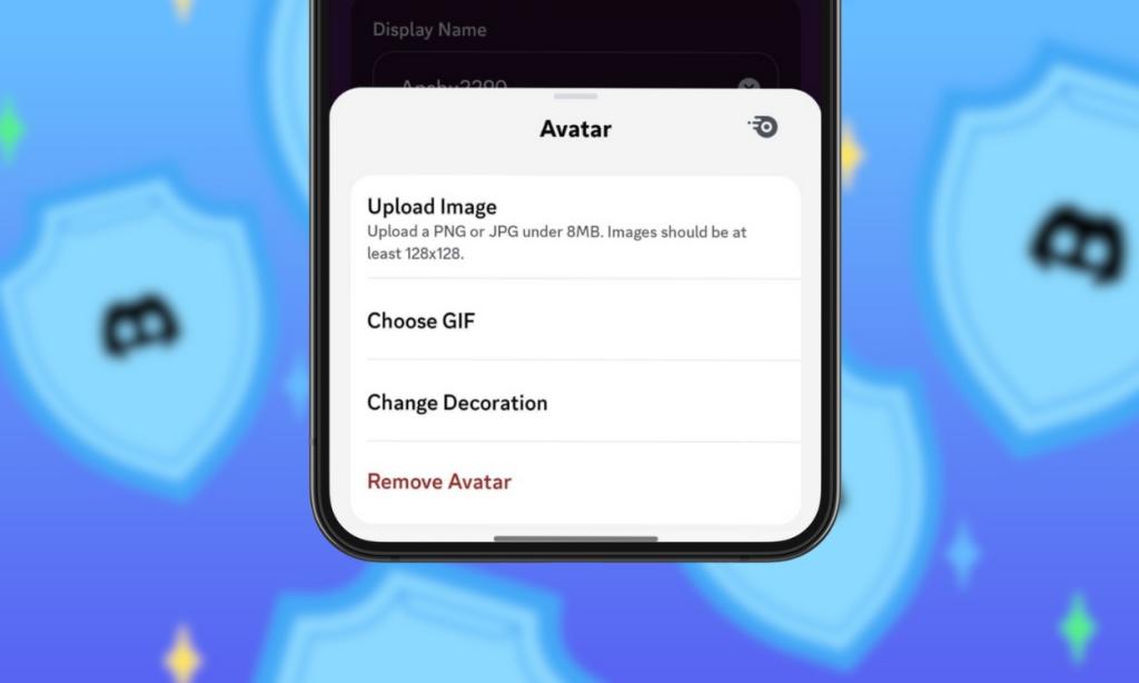 Phone with the Discord app featuring the Avatar popup menu with options to change upload image, GIF, change decoration, and remove avatar